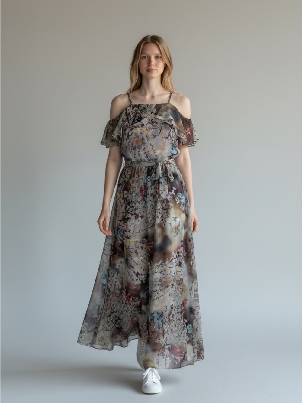 Nicole Miller Off-Shoulder Maxi Dress in Gray Floral Print